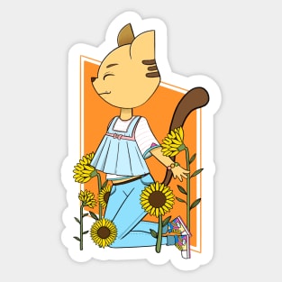 Cartoon anthropomorphic cat in sunflower patch Sticker